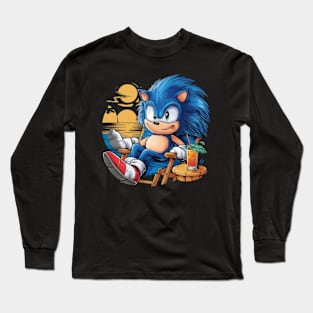 A sonic the hedgehog relaxing in a chair at the beach. (2) Long Sleeve T-Shirt